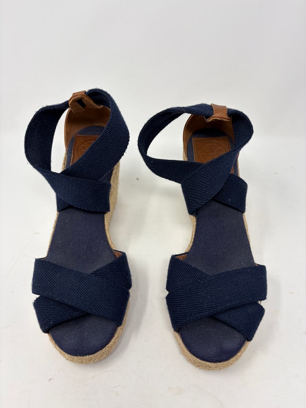 Tory Burch wedge espadrille sandals 6.5 navy blue crisscross fabric